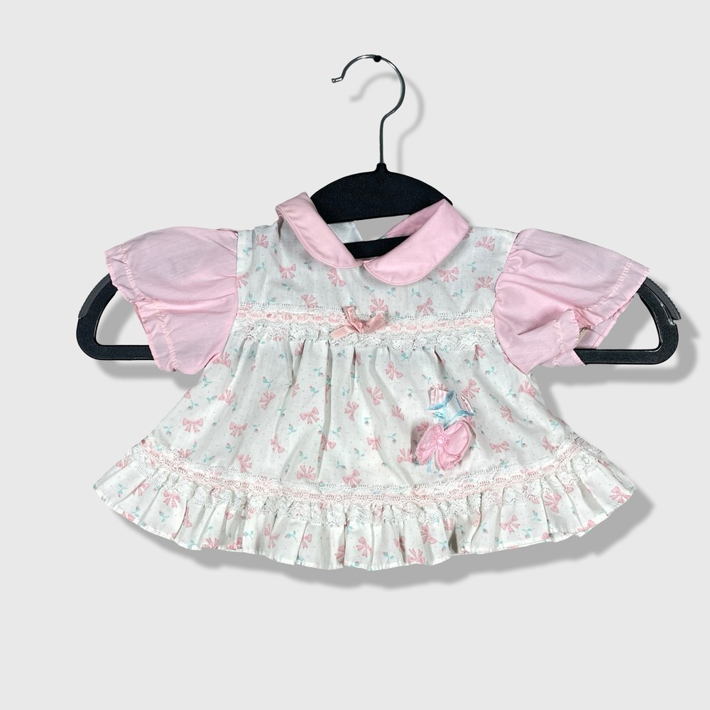 Mayfair Vintage Baby Top 3-6 Mos White Pink Bow Lace Peter Pan Collar‎ Coquette